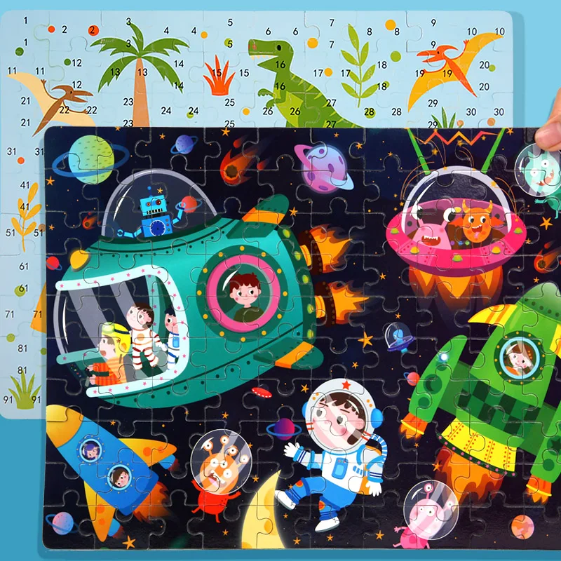100 Piece Kids Wooden Puzzle Set Cartoon Animal and Vehicle Designs - 4