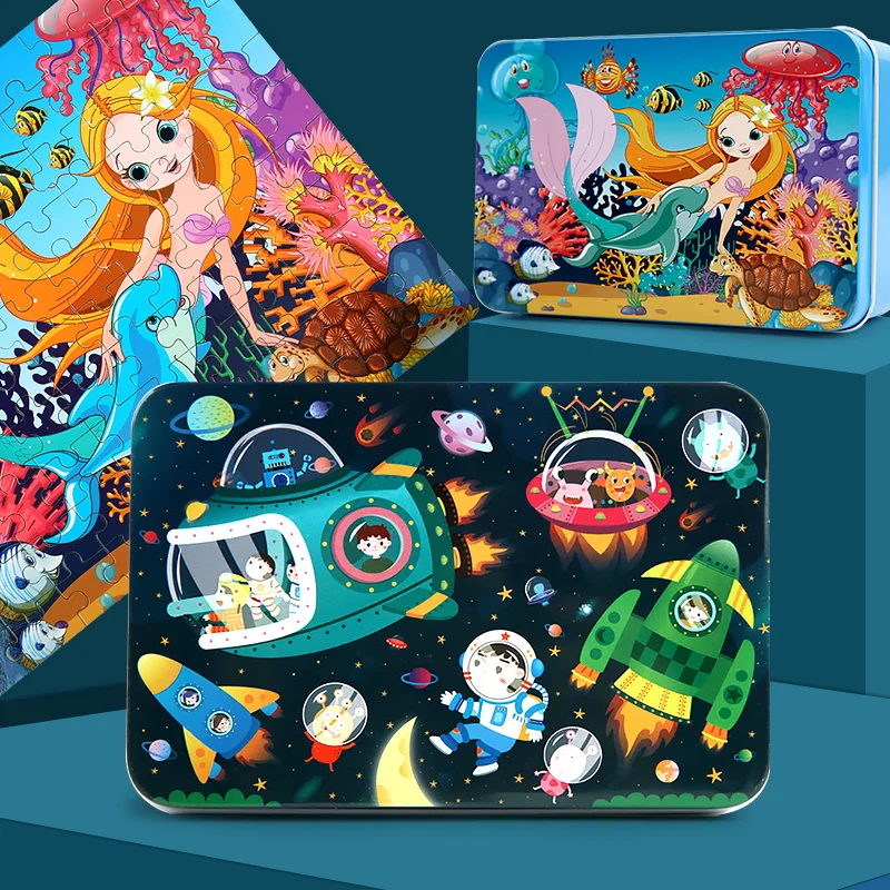 100 Piece Kids Wooden Puzzle Set Cartoon Animal and Vehicle Designs