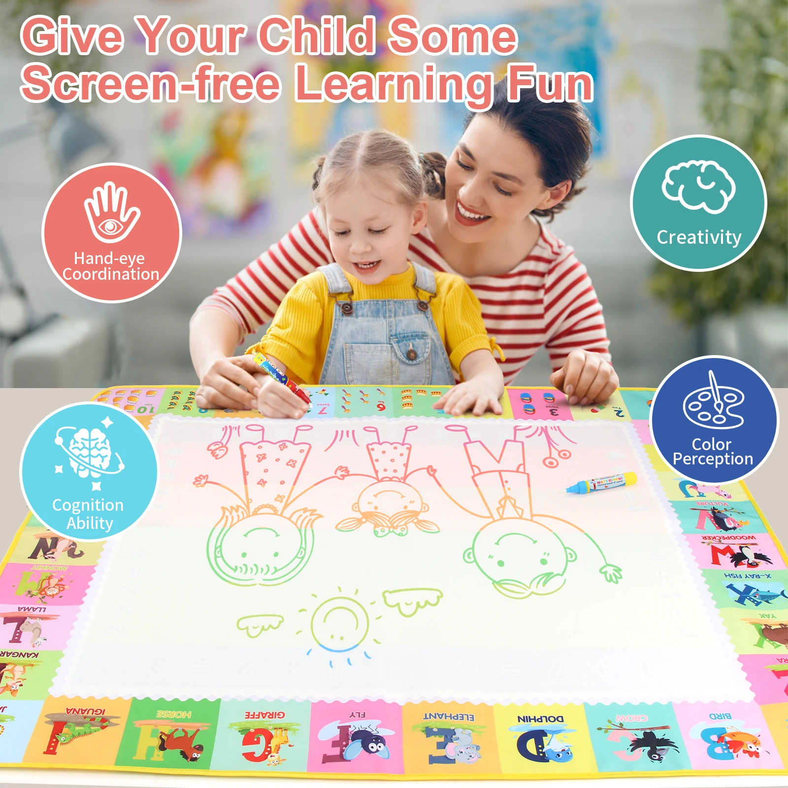 Magic Water Drawing Mat 100x80cm, Reusable Doodle Painting Board for Kids - 2