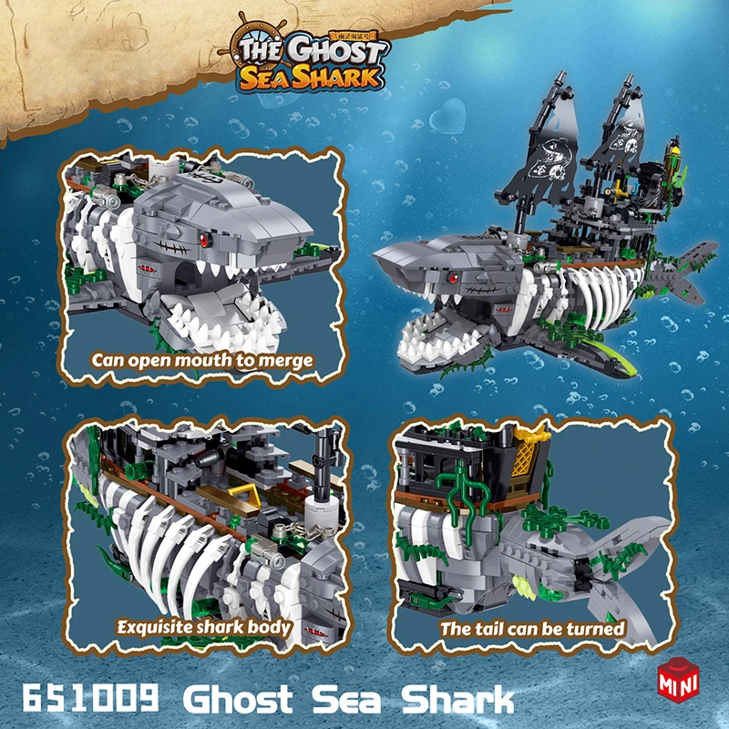 Shark Pirate Ship Building Blocks 1155PCS with LED Light - 2