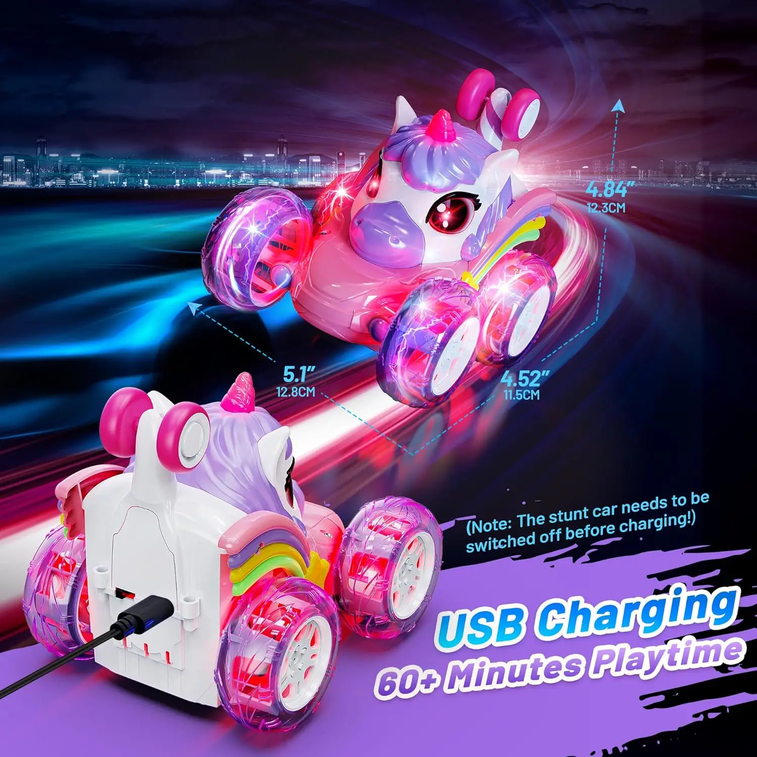 Unicorn RC stunt car with 2.4G remote control, LED lights, and drift capabilities for children - 3