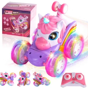Unicorn RC stunt car with 2.4G remote control, LED lights, and drift capabilities for children