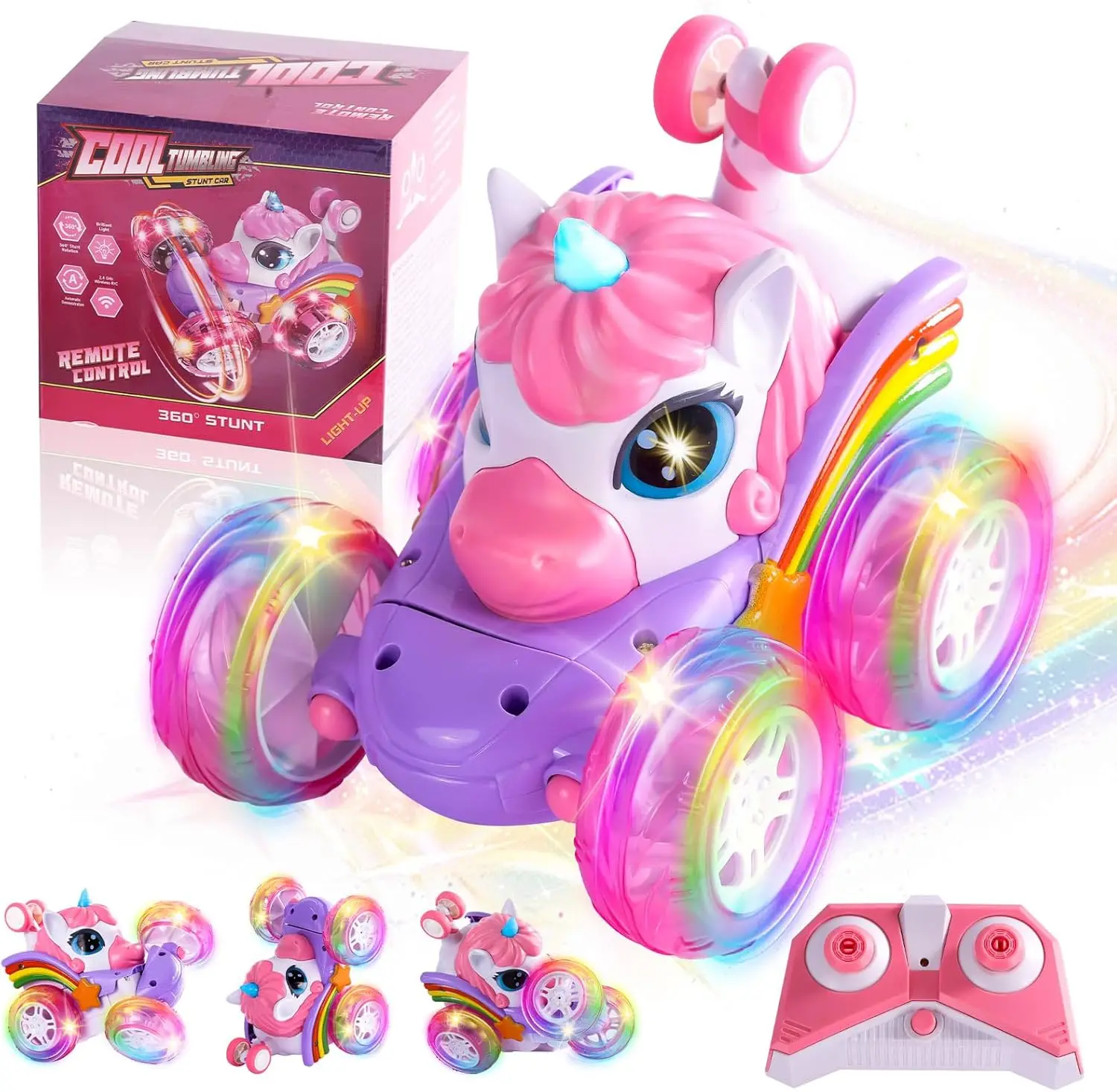 Unicorn RC stunt car with 2.4G remote control, LED lights, and drift capabilities for children