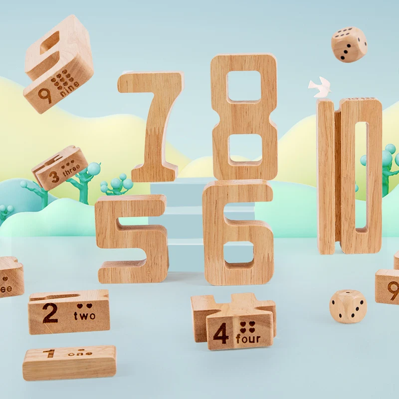 Wooden Number Stacking Blocks Set for Math Learning and Fine Motor Skills - 5