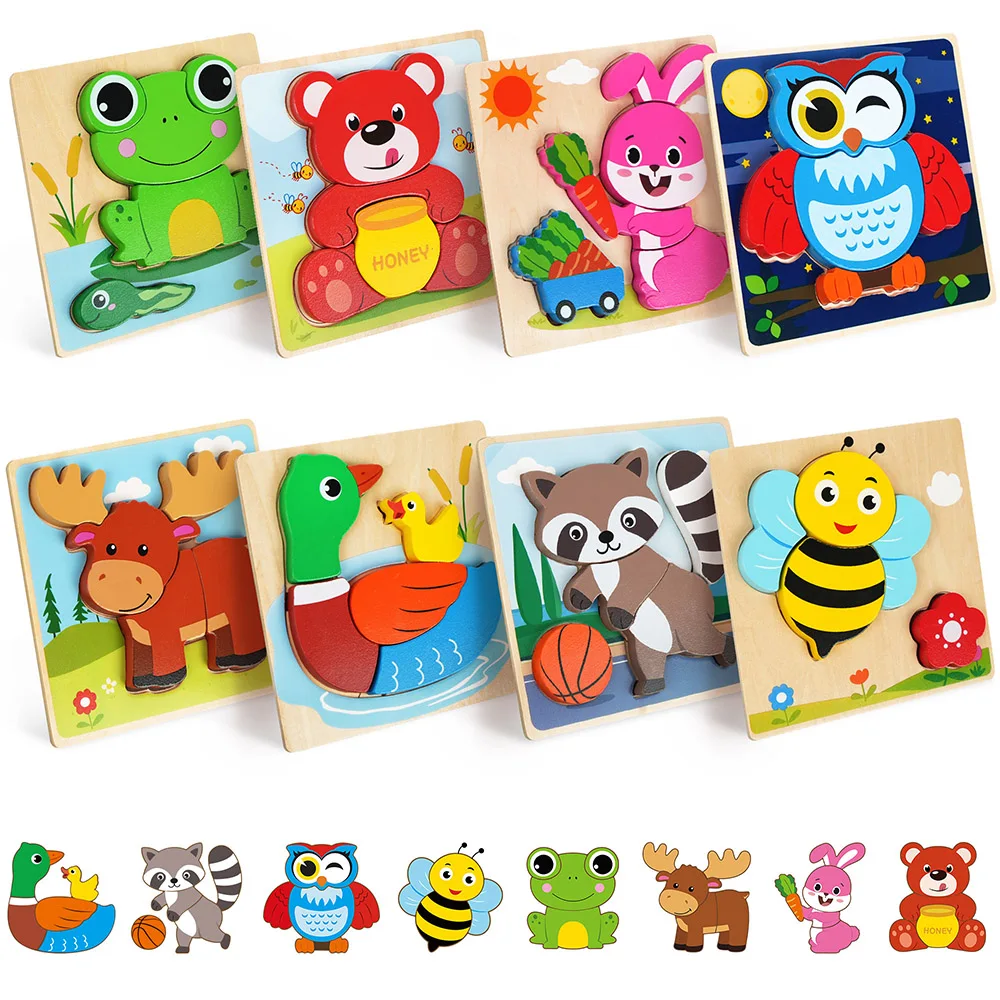 Animal Wooden Puzzles for Toddlers, 8 Pack Educational Learning Toys