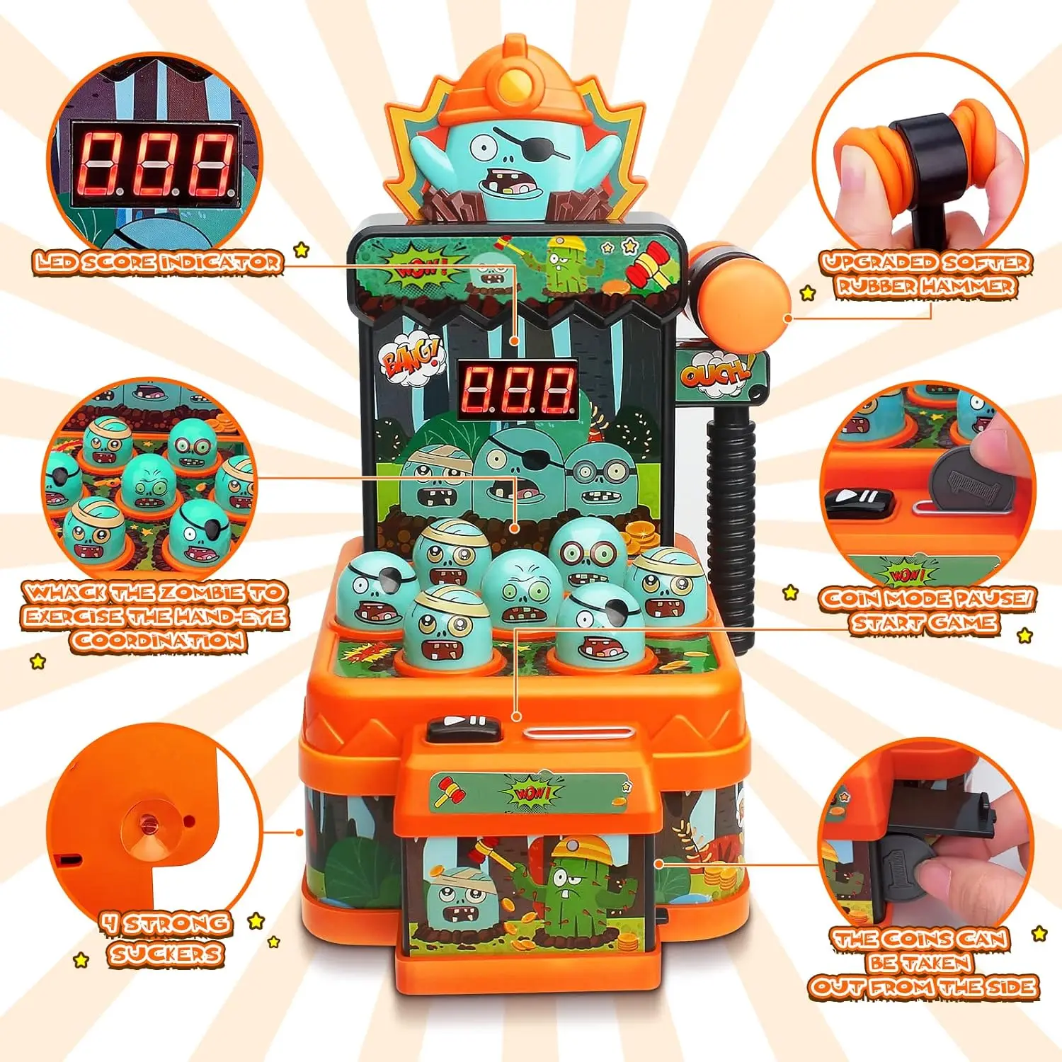 Whack a zombie game mini electronic arcade toy for kids with 2 hammers - 4