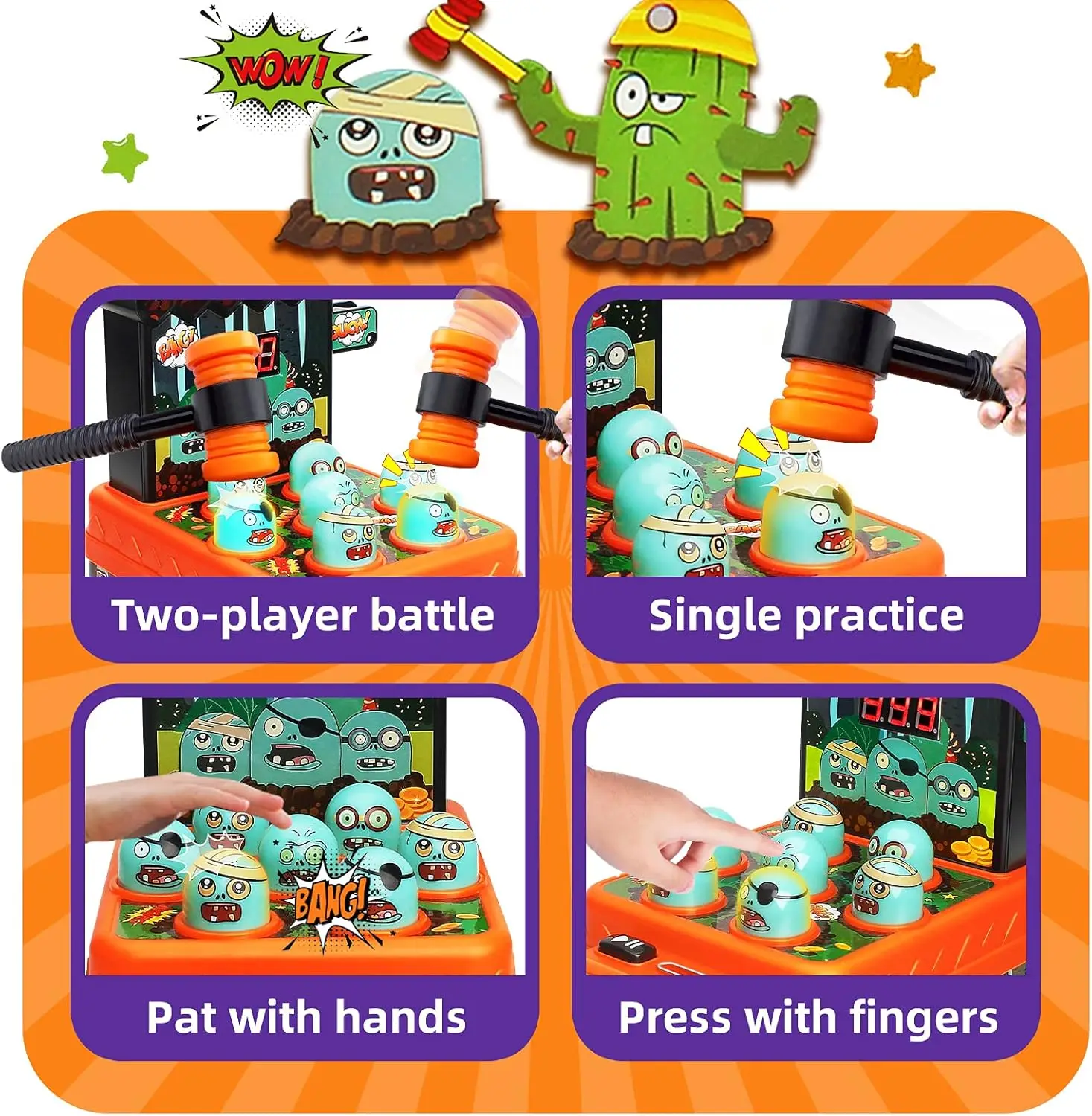 Whack a zombie game mini electronic arcade toy for kids with 2 hammers - 5