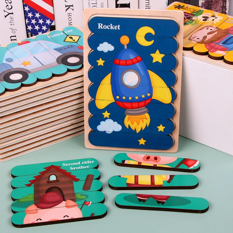 Double-sided Strip Wooden Puzzles for Kids, Montessori Educational Jigsaw Game - 2