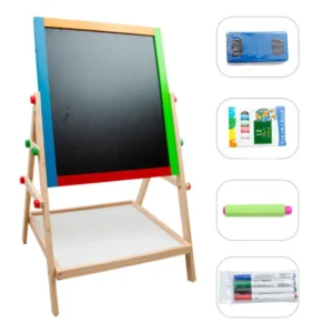 Kids Magnetic Dry Erase Board and Chalkboard Easel with Storage Tray