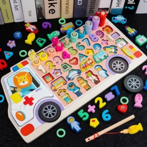 Wooden Busy Board Educational Toy for Kids Math Fishing and Shape Matching