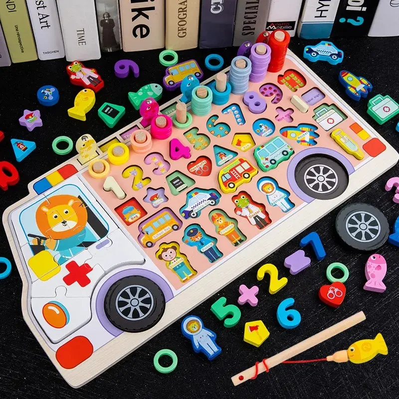 Wooden Busy Board Educational Toy for Kids Math Fishing and Shape Matching
