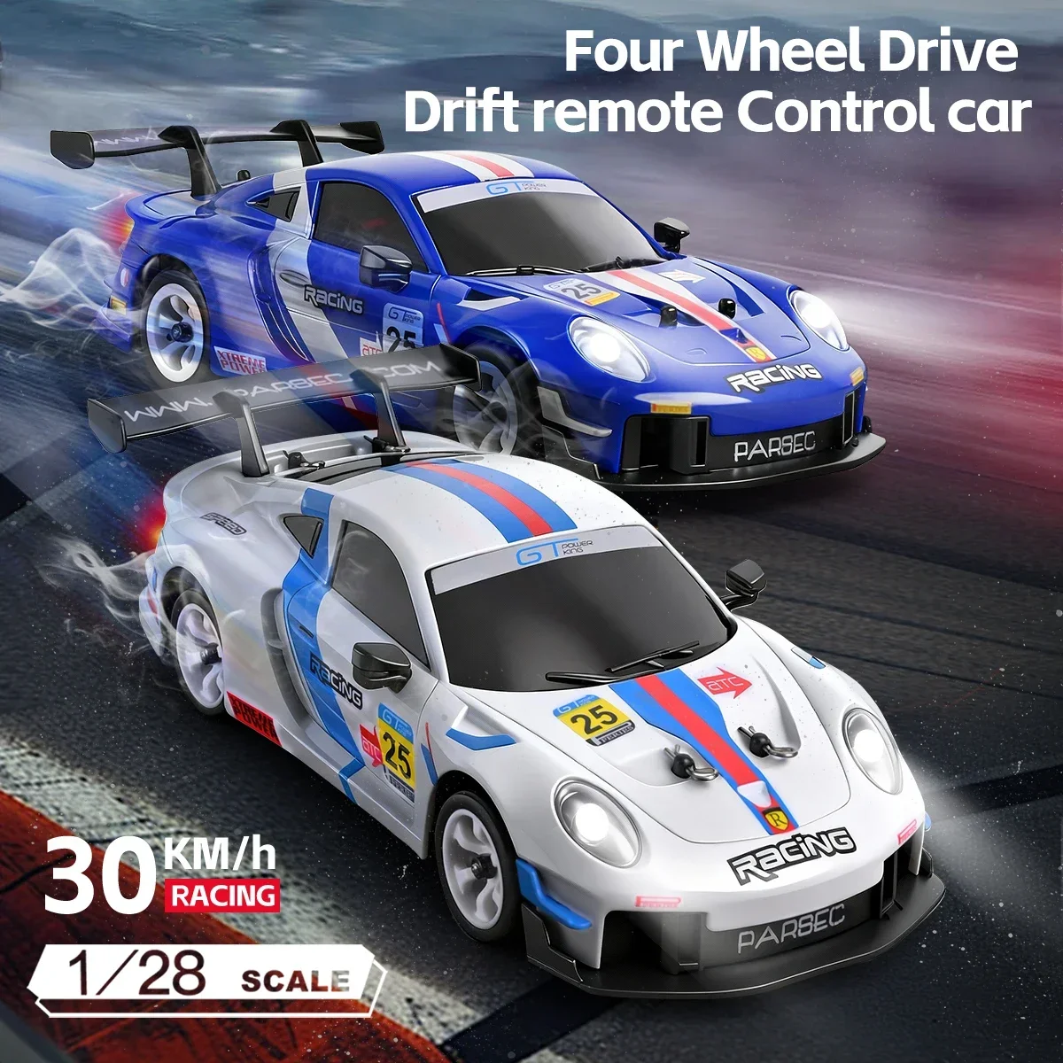 1:28 4WD RC Drift Car with Gyro and LED Lights, 30KM/H Remote Control Vehicle - 2