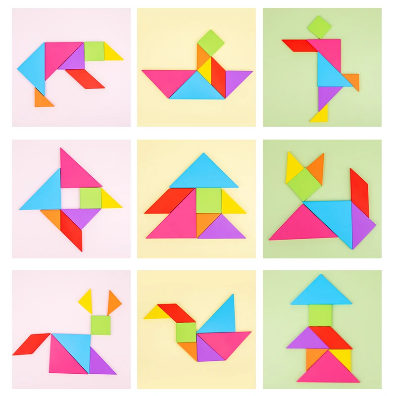 Wooden Tangram Puzzle Set for Kids, 7 Colored Geometric Shapes Educational Toy - 4