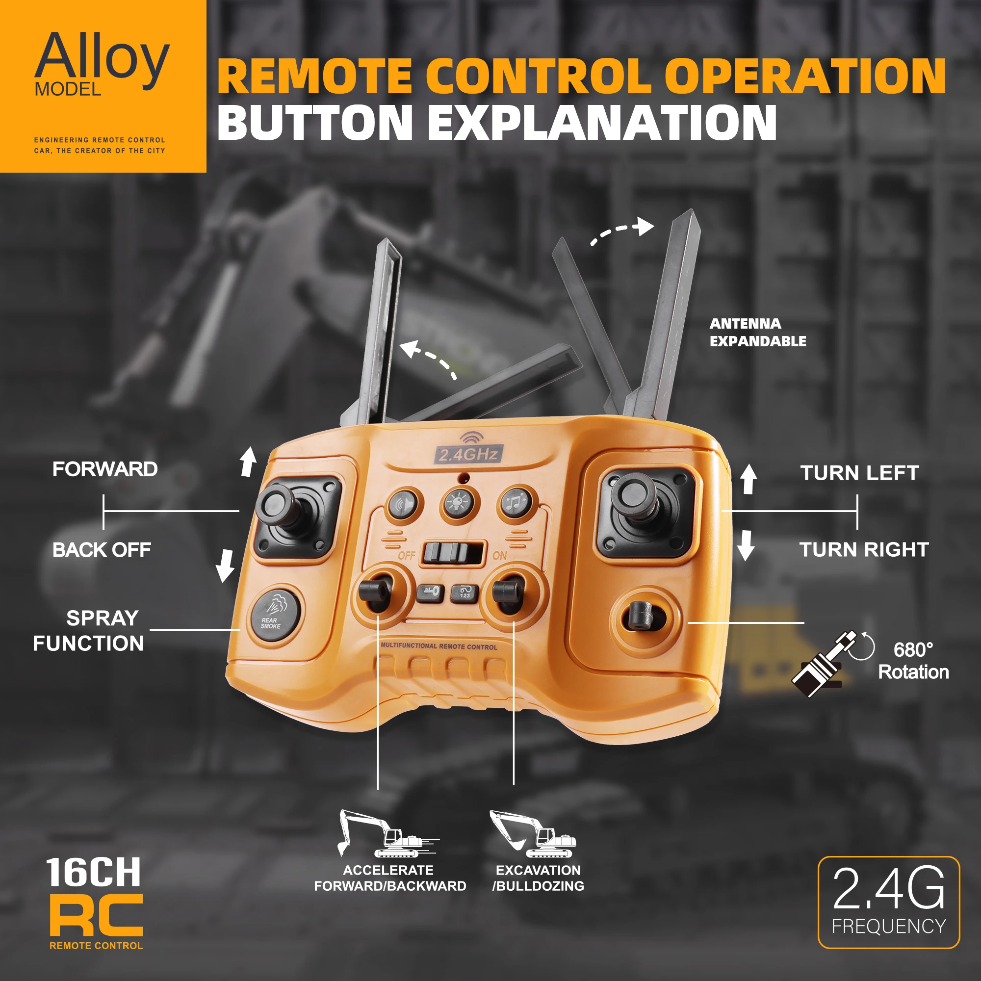 Remote Control Excavator Alloy Construction Vehicle 16CH RC Toy - 4